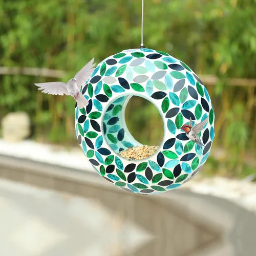 Miniatura 4 de VCUTEKA Comedero de mosaico para pájaros para colgar en el exterior con recipiente de vidrio de forma redonda para atraer más aves silvestres