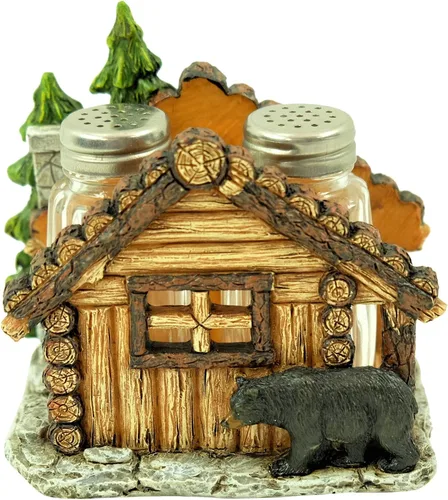 BestGiftEver Juego de saleros y pimenteros con soporte, diseño de oso y cabaña para cocina estilo cabaña, decoración rústica de poliresina para