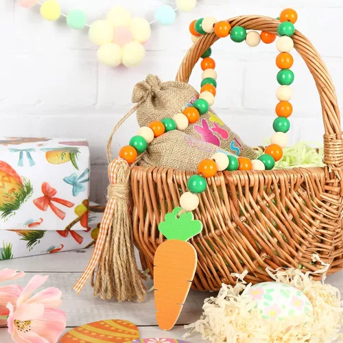 Miniatura 3 de Whaline Guirnalda de cuentas de madera de Pascua con borla, adorno de zanahoria, rústico, granja, cuentas de madera natural, decoración colgante