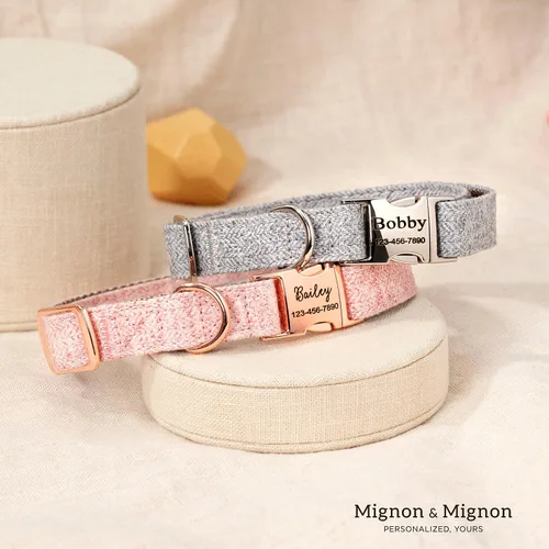 Miniatura 5 de Collar de perro personalizado, nombre de mascota personalizado e información de contacto grabada, collar de algodón ajustable para perros pequeños
