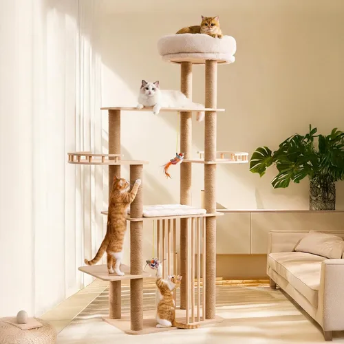 Árbol grande para gatos de 68 pulgadas, torre para gatos de varios niveles de madera maciza con postes rascadores, juguetes divertidos y plataforma