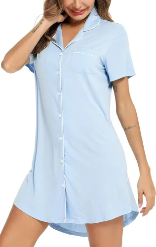Miniatura 152 de Samring Camisón de pijama para mujer, manga corta/larga, con botones, camisón para dormir, camisón para novio, talla XXL
