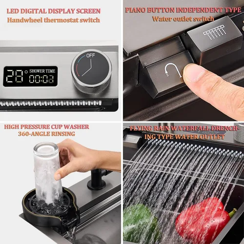 Miniatura 5 de Fregadero de cascada volador con pantalla digital, fregadero de cocina, fregadero de barra de acero inoxidable 304, con lavabos de copa, instalación