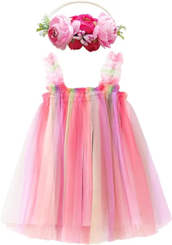 BGFKS - Vestido tutú de tul escalonado para niñas pequeñas y bebés, conjunto de falda tutú de princesa, colores del arco iris, viene con una diadema
