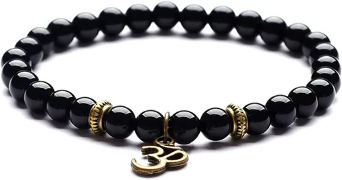 Miniatura 3 de Domika Pulsera de cuentas de ágata negra con cabeza de Buda y terapia de oración budista OM Juego de pulseras elásticas religiosas