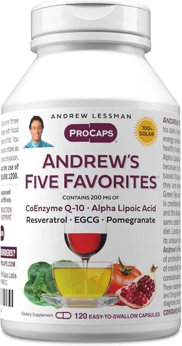 Miniatura 11 de ANDREW LESSMAN Andrew's Five Favorites 30 cápsulas – Proporciona 200 mg cada una de coenzima Q-10, resveratrol, EGCG, granada y ácido alfa lipoico