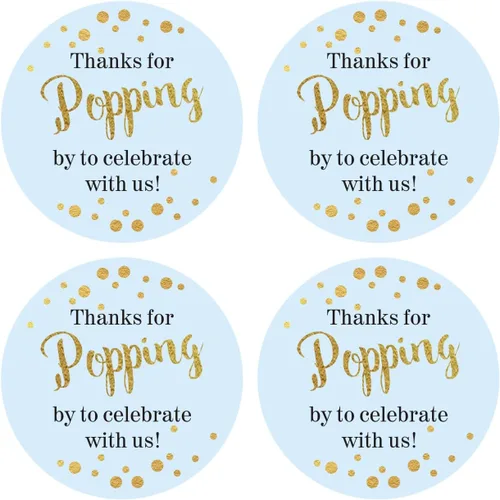 50 calcomanías redondas de 2 pulgadas con texto en inglés "Thank for Popping" para decoración de fiesta de baby shower (azul)