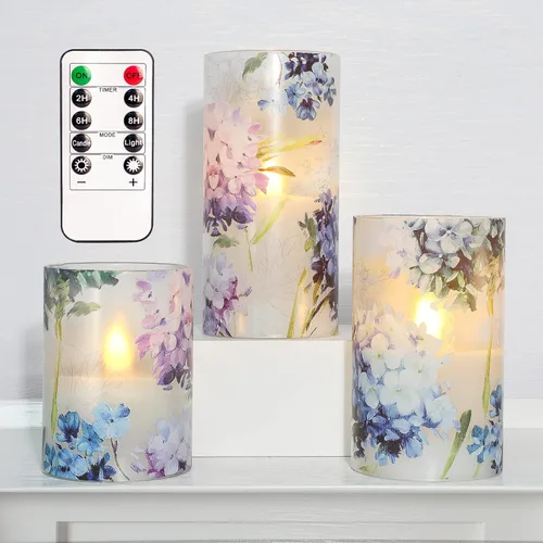 Velas sin llama LED con forma de hortensia azul y violeta, parpadean con control remoto, tema de amor, decoración temática de verano y primavera,