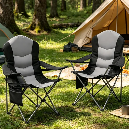 Miniatura 15 de Sillas plegables de camping para adultos, sillas de césped acolchadas con respaldo alto para exteriores con soporte lumbar y soporte para tazas