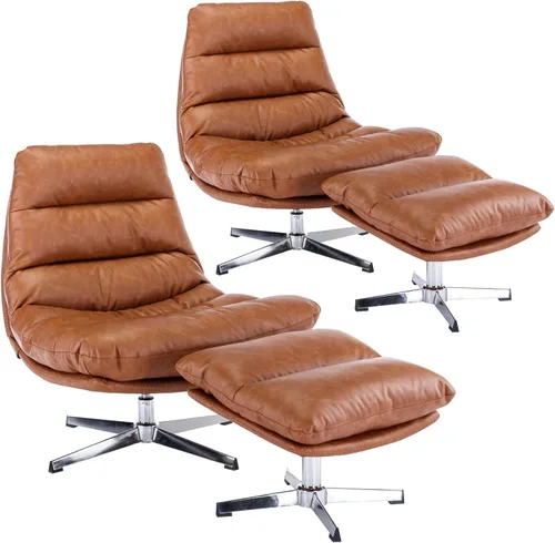 Miniatura 10 de HNY Silla de salón giratoria marrón con otomana moderna silla de cuero sintético con reposapiés de 33 pulgadas de ancho, silla de lectura tapizada