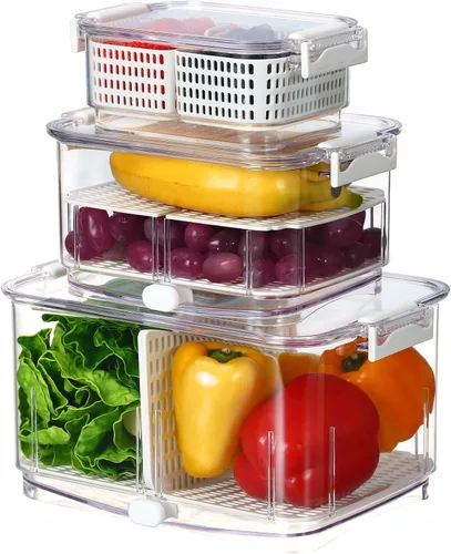 Felli Duo Fresh Produce Saver para Nevera, Recipiente para Frutas y Vegetales con Ventilación y Drenaje en la Parte Inferior para Lavado, Colador