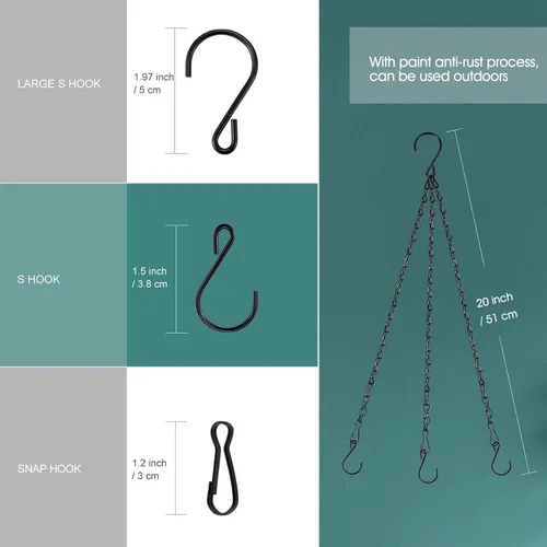 Miniatura 2 de Cadena de cesta colgante, cadenas negras de 3 puntos de 20 pulgadas con ganchos para cestas colgantes, macetas, perfectas para decoración de Negro-3
