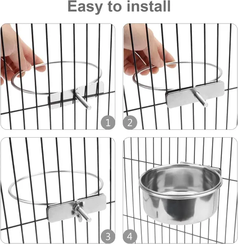 Miniatura 7 de Tazón de agua para alimentos para mascotas con soporte de abrazadera, comedero colgante de acero inoxidable para perro, pájaro, loro, gato, conejo 1