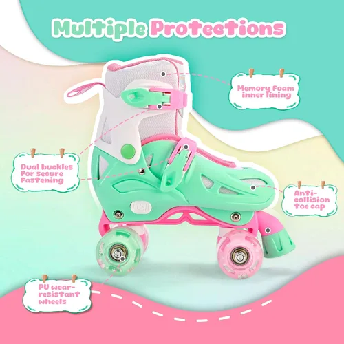 Miniatura 3 de 2PM SPORTS Patines de ruedas con luz ajustable de 4 tamaños para niñas, 4 ruedas intermitentes, patines para principiantes para niños de 5 a 8 y 8 a