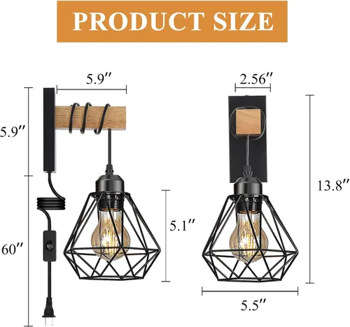 Miniatura 6 de Juego de 2 apliques de pared enchufables, luces de pared de granja con cable de enchufe, lámpara de pared rústica negra para dormitorio, mesita