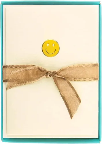 Graphique Smiley Face La Petite Presse - Tarjetas de notas en caja, 10 tarjetas en blanco con emoji de cara sonriente amarilla en relieve y