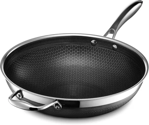 HexClad Wok híbrido antiadherente de 12 pulgadas, mango que se mantiene fresco, apto para lavavajillas, apto para horno hasta 900 °F, listo para