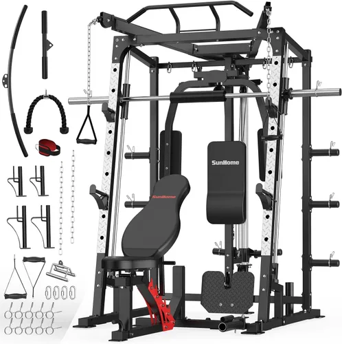 SunHome Smith Machine, soporte para sentadillas Power Cage con barra Smith, sistemas de tracción LAT, máquina cruzada de cables y accesorio de cable