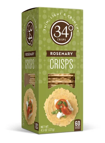 34 Degrees Rosemary Crisps | Galletas finas ligeras y crujientes para embutidos, tablas de queso y entretenimiento, paquete individual (4.5 onzas)