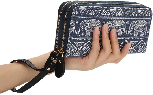 Miniatura 6 de LATH.PIN RFID Blocking Bohemian Purse Wallet Canvas Elephant Pattern Handbag with Coin Pocket and Strap