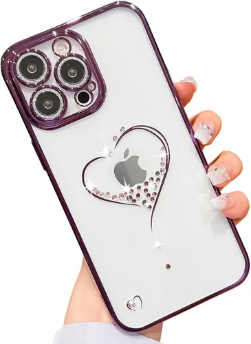 Miniatura 11 de Bling Glitter Heart compatible con iPhone 13 de 6.1 pulgadas, lindo protector de cámara completo brillante para mujer, funda de teléfono chapada