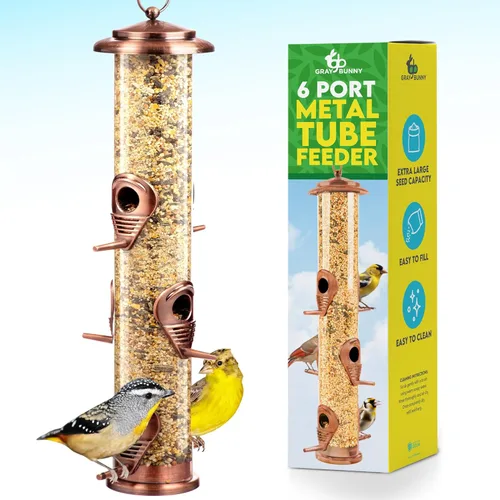 Comedero para pájaros para exteriores (cobre de metal cepillado), comedero colgante para pájaros con tapa de bloqueo y gancho ajustable, a prueba de