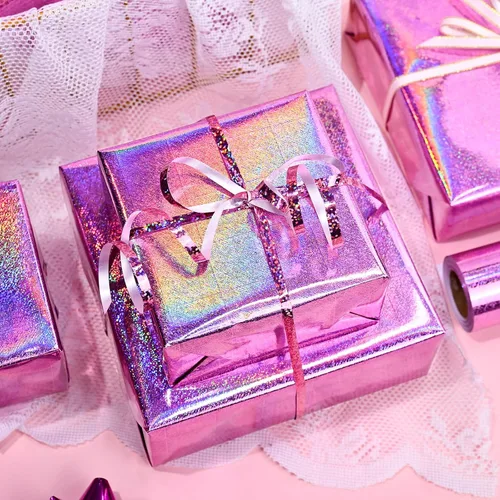 Miniatura 3 de Homeral Rollo de papel de regalo rosa holográfico con galaxia rosa brillante para cumpleaños, baby shower, despedida de soltera, boda, día