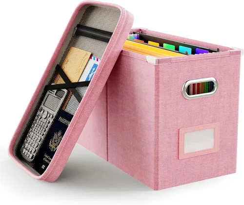 Miniatura 25 de Oterri Caja de archivos colgante con bolsillo de malla, caja organizadora de archivos con tapa, caja organizadora de documentos plegable