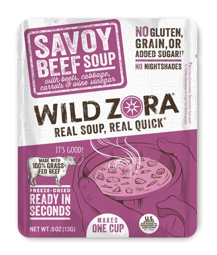 Wild Zora Sopas instantáneas aptas para dieta cetogénica Savoy Beef paquete de 8 caldos hechos con carne 100% alimentada con pasto y verduras, sin