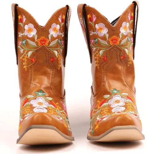 Miniatura 2 de SO SIMPOK Botas vaqueras para mujer, botas occidentales con bordado de flores, tacón grueso retro, botines cortos para montar