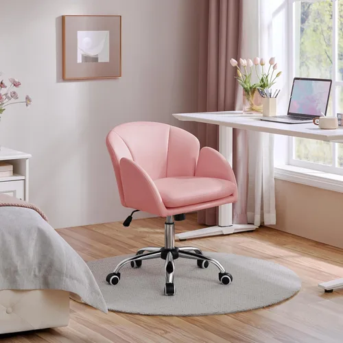 Miniatura 4 de Yaheetech Silla de escritorio linda con diseño de pétalos, silla de oficina en casa, silla giratoria de piel tapizada, silla de tocador de rosado