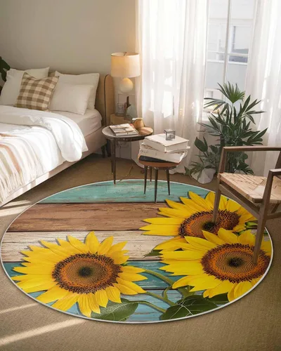 Miniatura 3 de Alfombra redonda de girasol verde azulado de 3 pies, lavable para interiores y exteriores, para dormitorio, cocina, baño, sala de estar, casa
