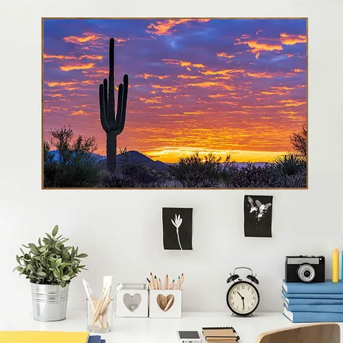 Miniatura 2 de QAZWSX Pintura de diamantes de cactus solitario con fondo brillante del amanecer del desierto en Arizona para adultos, kit de pintura de diamantes