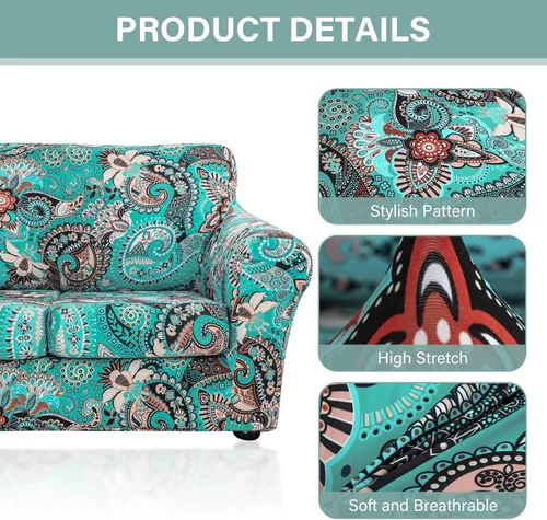 Miniatura 3 de Lamberia Funda de Sofá Estampada para Sofá de 2 Cojines, Fundas de Sofá de Alta Elasticidad, Funda para Loveseat de 3 Piezas con Dos Fundas de Cojín