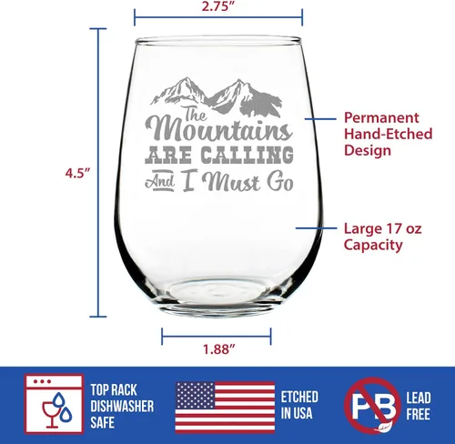 Miniatura 4 de Custom The Mountains Are Calling And I Must Go - Personalized Stemless Wine Glass - Fun Mountain Themed Gift or Décor - Large 17 Ounce - Customized