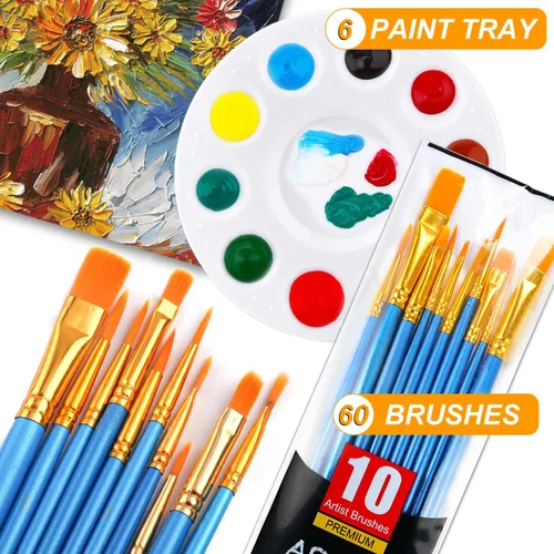 Miniatura 2 de Juego de paleta de pinceles de pintura, con 6 paquetes de 60 pinceles y 6 paletas, cabezal de pincel de nailon, adecuado para acuarela al óleo