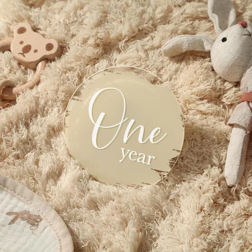 Miniatura 7 de UNIQOOO 13 tarjetas mensuales de hitos para bebés de 4 pulgadas con estampado beige, discos de accesorios para fotos, letrero de crecimiento redondo