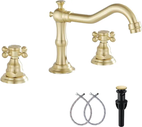 Miniatura 18 de Grifo de 2 manijas para lavabo de baño de tres agujeros, grifo de lavabo extendido, latón antiguo, grifo mezclador con manguera de suministro