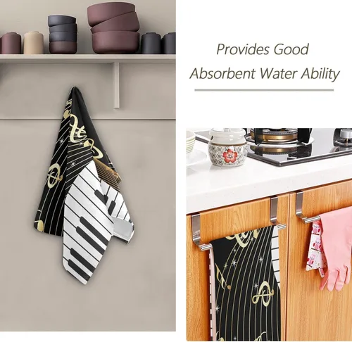 Miniatura 7 de Juego de 2 toallas de mano con notas musicales doradas para baño, piano blanco y negro, toallas de cocina decorativas absorbentes de microfibra
