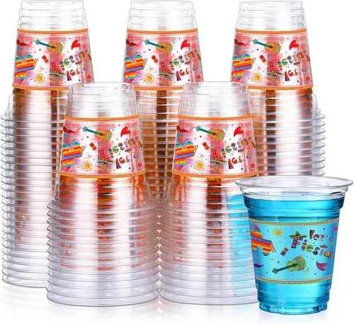 Miniatura 8 de Sumind 100 tazas mexicanas de plástico de 12 onzas para decoración de fiesta del Cinco de Mayo, tazas desechables transparentes para fiestas, tacos
