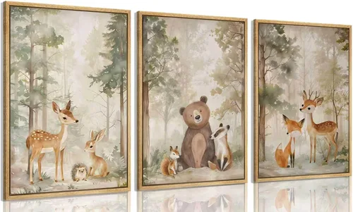 Miniatura 8 de MIZILI Lienzo de animales del bosque para cuarto de bebé, arte de pared, pinturas de animales salvajes, acuarela, decoración de pared, oso zorro