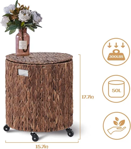 Miniatura 3 de Wimarsbon Cesta de Almacenamiento Vintage, Cesta Rodante Multiusos con Ruedas Frenables y Tapa, Cesta de Lavandería Trenzada, Organizador