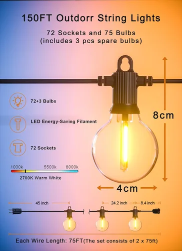 Miniatura 5 de Zuske: Cadena de luces para exteriores de 150 pies, luces de patio con 75 bombillas G40 de globo irrompibles (3 de repuesto), luces LED colgantes