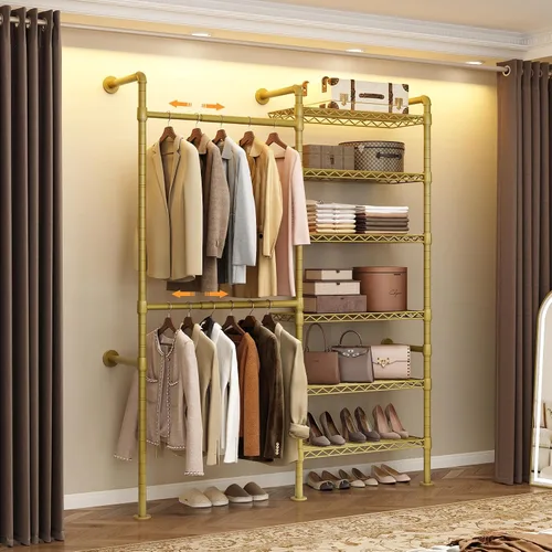 Miniatura 11 de ComfyCorner Perchero para colgar en la pared, perchero industrial de metal con 2 varillas expandibles para colgar y 6 estantes, organizadores