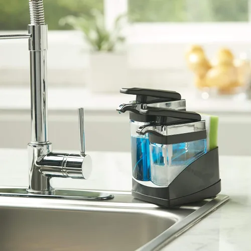 Miniatura 8 de Casabella Sider Duo - Dispensadores de jabón para fregadero con esponja, negro y cromado