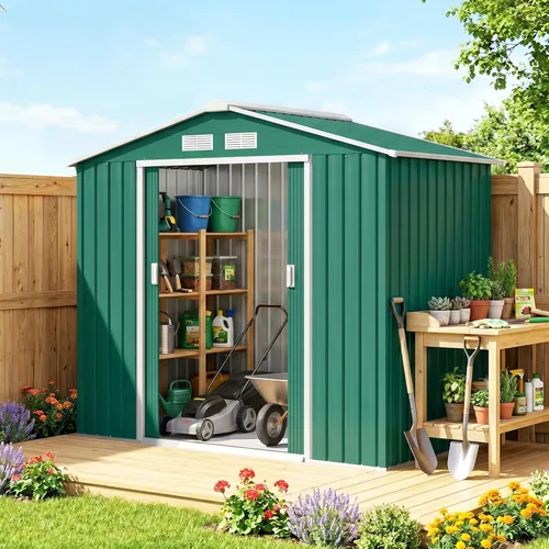 Miniatura 18 de Outsunny Cobertizo de almacenamiento exterior de 11' x 13', cobertizo de metal para herramientas de jardín con kit de cimentación, puerta con doble