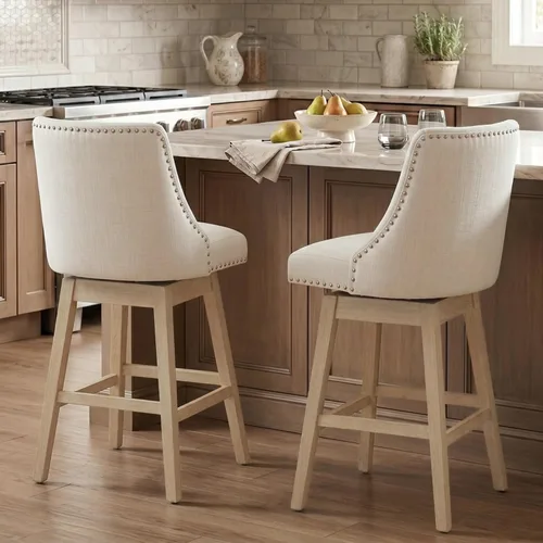 Miniatura 3 de Juego de 2 Taburetes de Bar de Altura de Mostrador Taburetes de Bar Giratorios de 27.5" Silla de Bar Tapizada de Lino Taburetes de Cocina