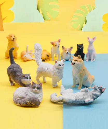 Miniatura 3 de RECUR Figuras de animales de gatos y perros, figura en miniatura para tartas, 100% pintada a mano, mini figura de mascotas para niños, 12