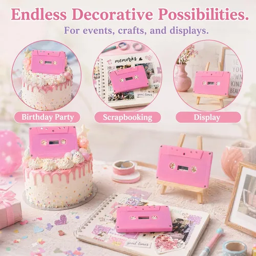 Miniatura 4 de Cintas de casete en blanco rosa para decoraciones de fiesta de los años 80 y 90, 2 casetes de audio decorativos retro para centros de mesa de música