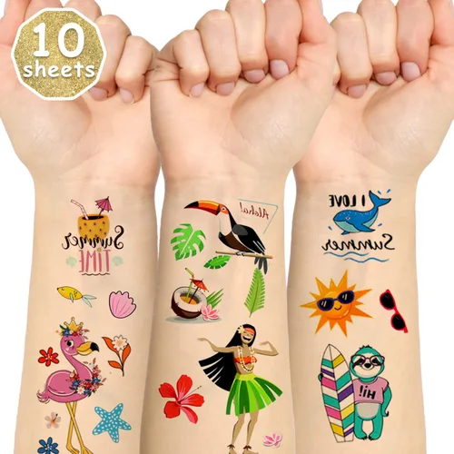 Miniatura 3 de LOMIMOS 138 calcomanías de tatuaje temporal hawaiano con temática de Luau, tropical de verano, playa, piscina, fiesta, para niños y adultos